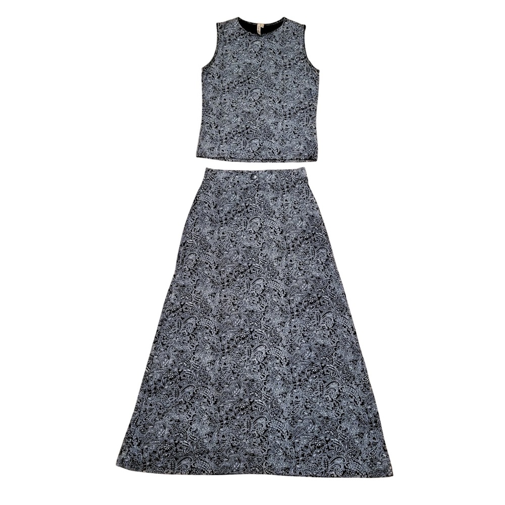 Susan Lawrence M 2 pc Set Black Paisley Tank Skirt Liquid Knit Stretch Travel